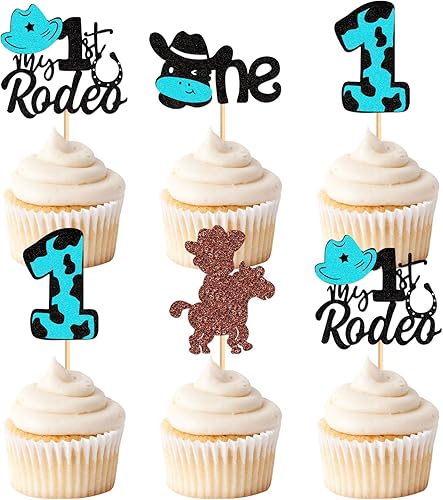 Keaziu 24 piezas Cowboy My 1st Rodeo Cupcake Toppers Riding HorseShoe Cowboy Sombreros de vaquero tema occidental Feliz Cumpleaños Baby Shower