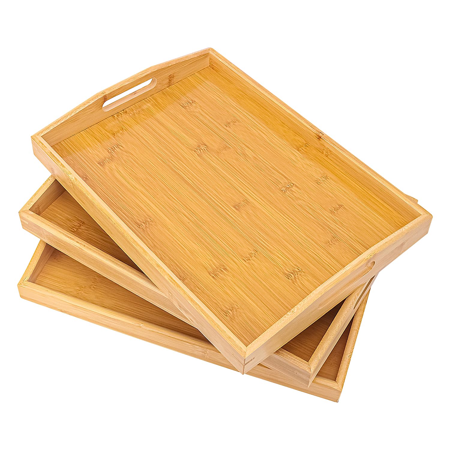 Photo 1 of kukmakri 3 Pack Bamboo Serving Tray, 16x 11.6 Inch Wooden Serving Trays with Handles, Bamboo Trays for Serving Food, Perfect for Dinner, Tea, Bar, Breakfast, and Food for Parties, Bed, & Kitchen
