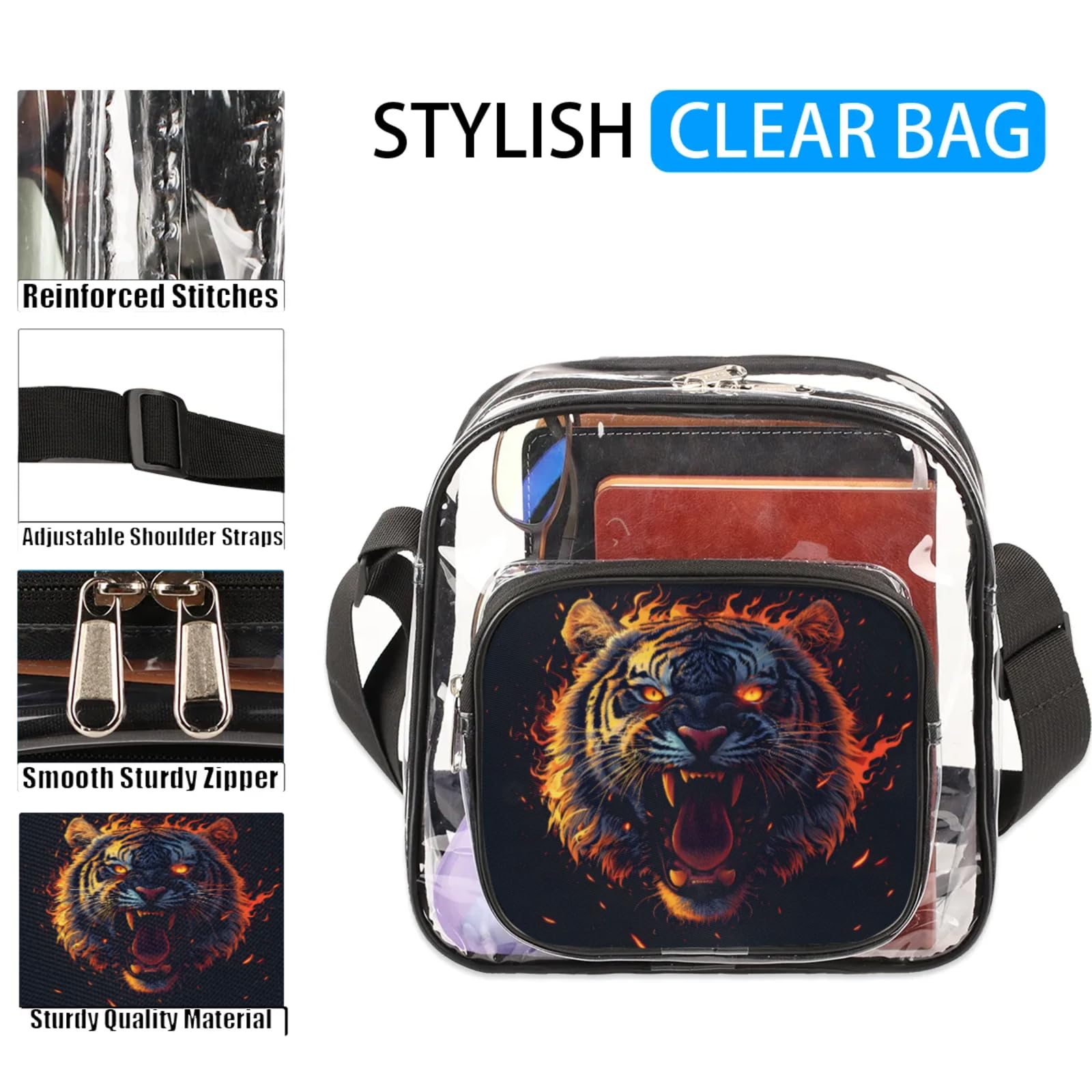 Clear Crossbody Bag Stadium Approved Tiger Transparent Bag for Festivals, Sports Events, Concerts,Beach Bag for Women Men Clear Purse with Front Pocket Messenger Bag with Adjustable Strap