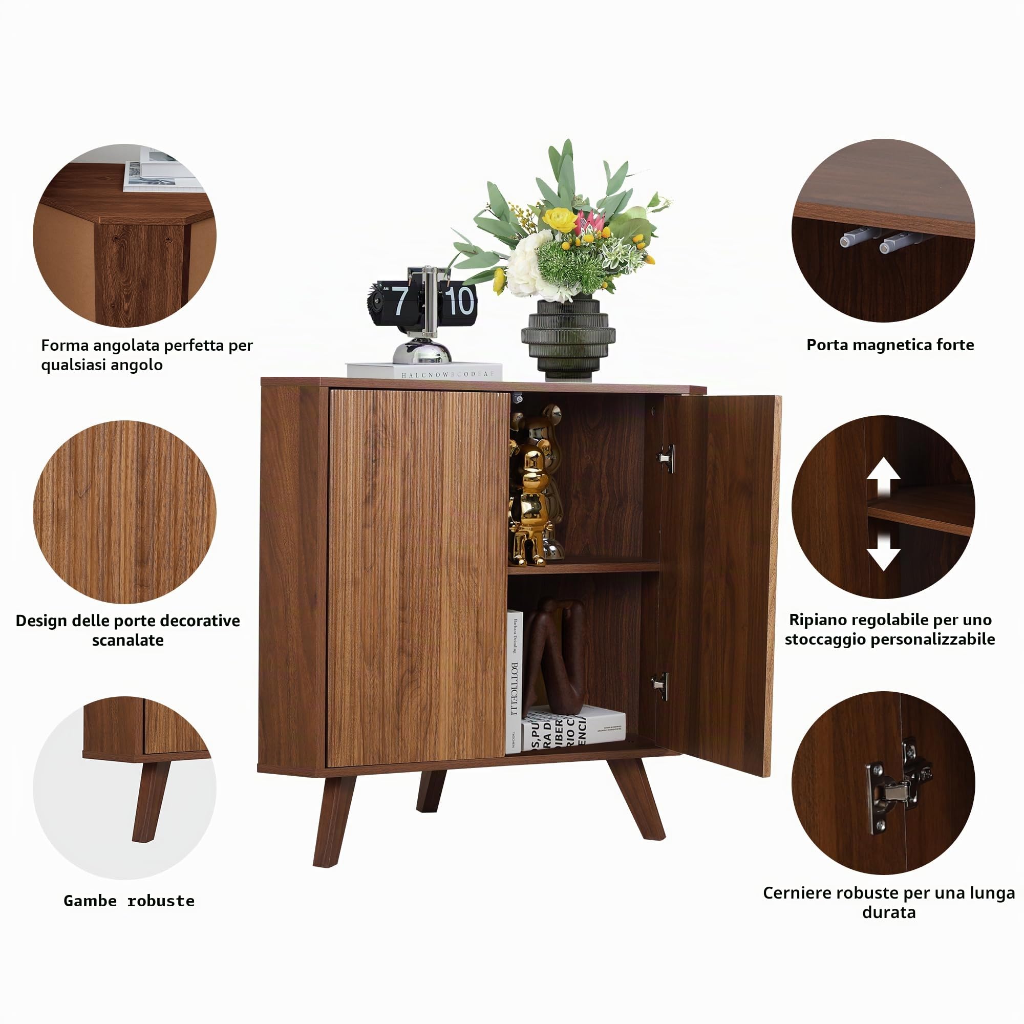 Mobiletto angolare in legno con motivo ondulato – Mobile salvaspazio moderno in legno per soggiorno, camera da letto, bagno