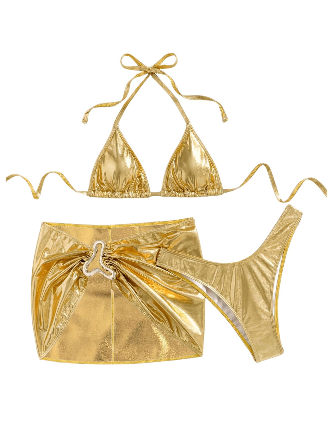 SOLY HUX Womens 3 Piece Swimsuit Metallic Halter Triangle Bikini Set Bathing Suit with Cover Up Beach Skirt