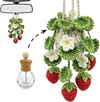 Crochet Hanging Plant Car Air Freshener,10ml Empty Refillable Car Diffuser Bottle with Potted Plants Car Mirror Hanging Accessories Car Air Hanging Fragrance Oil Diffuser Deep Strawberry