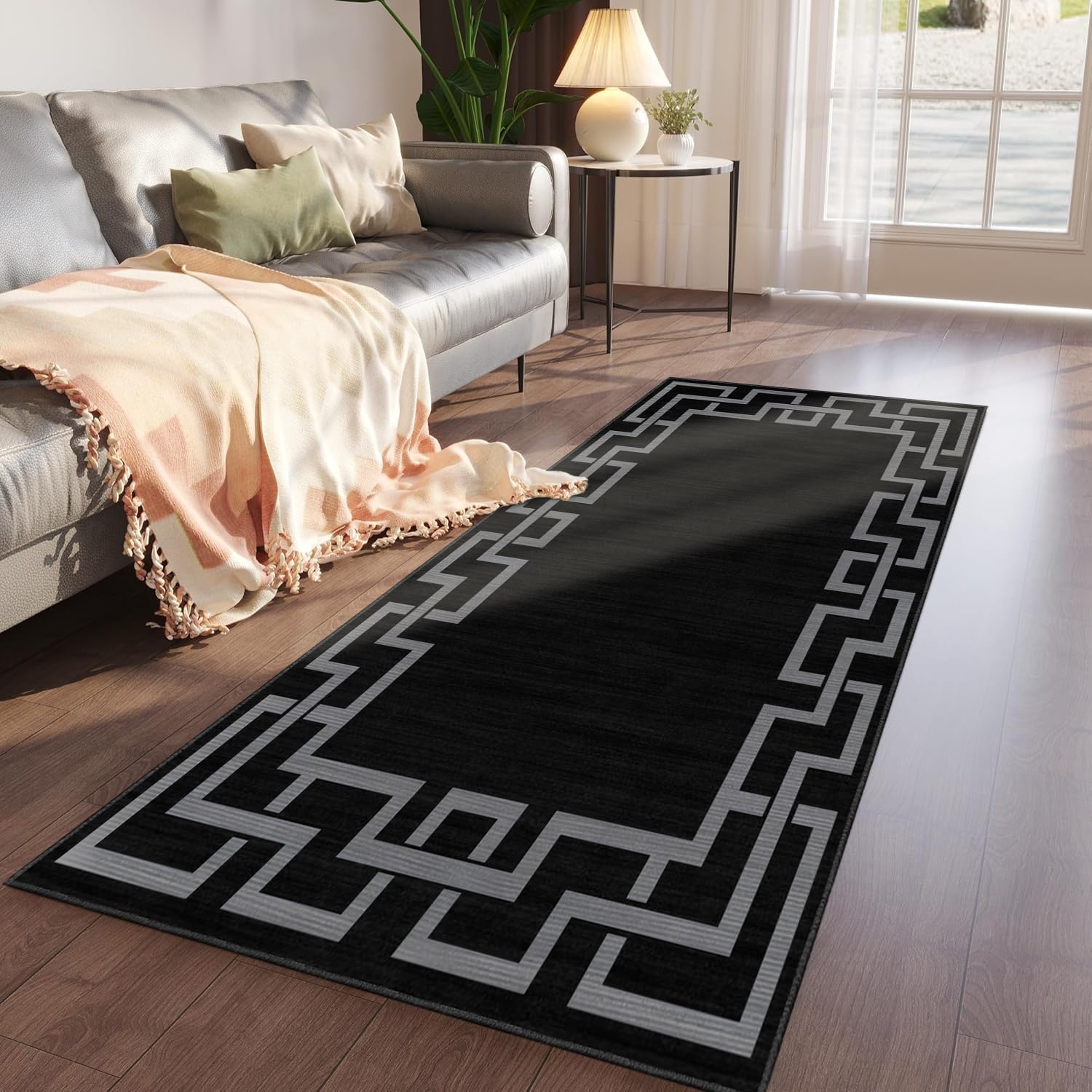 Imperial Rooms Area Rugs Living Room - Runner Rugs for Hallway Modern Floor Carpet Runners Greek Key Style Non Shedding Soft Touch Nico Black Large Rug - Easy Care (80 x 300 Cm) — image 1