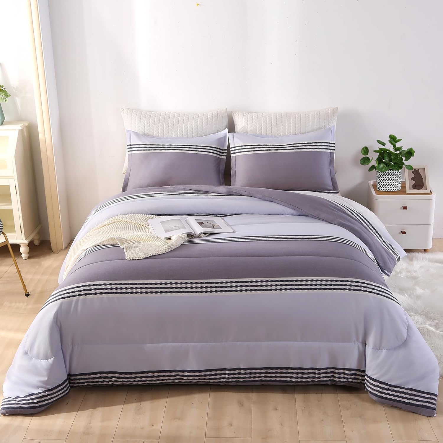 ENCOFT Queen Comforter Set, 3 Piece Grey Striped Comforter
