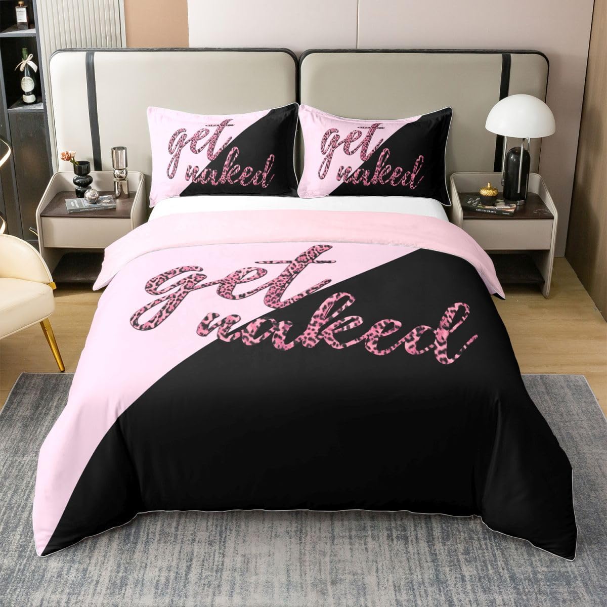 Castle Fairy Get Naked Duvet Cover Queen Size for Kids Boys Teens,Pink Leopard Print 3 Pieces Duvet Set,Girls Splicing Geometric Comforter Cover (Not Comforter),Black and Pink Quilt Cover