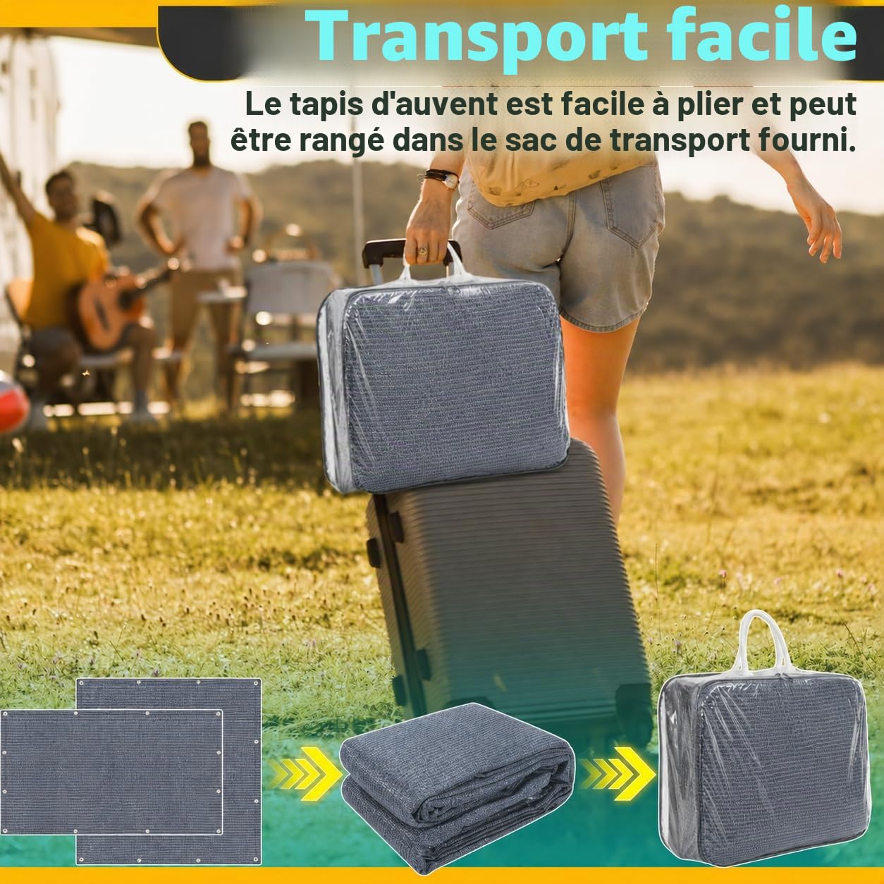 Tapis de tente 300x500cm, Tapis de camping respirant et lavable antidérapant avec 13 piquets et sac de transport, pour caravane, camping-car, auvent, Gris Bleu