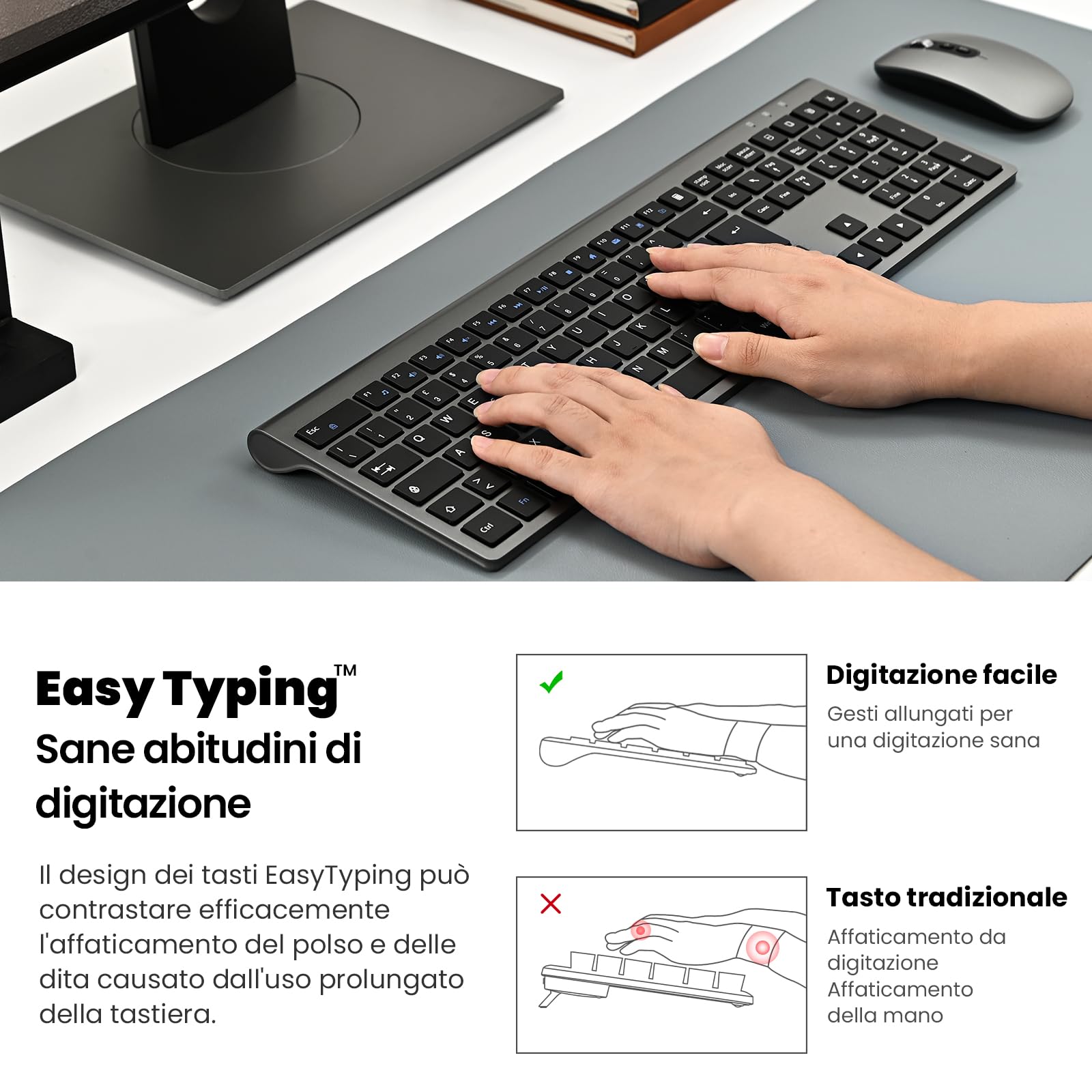 Tastiera e Mouse Wireless - cimetech Tastiera Wireless Ricaricabile 2.4G, Layout Italiano QWERTY, Tastiera Design Ergonomico, Ultra Sottile per Computer/Desktop/PC/Laptop/Windows 10/8/7 (Grigio)