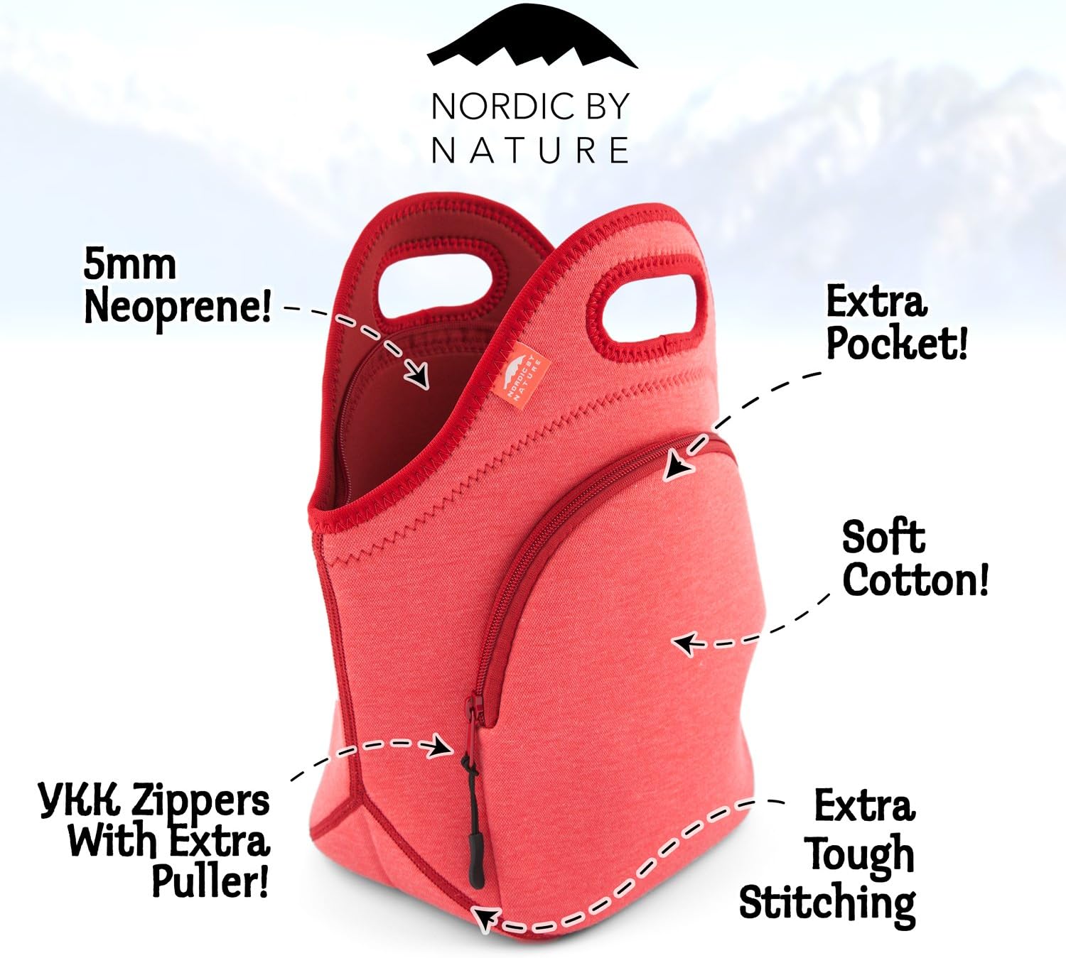 Nordic By Nature Insulated Neoprene Lunch Bag, Soft & Foldable Washable & Reusable Extra-Pocket (L) Pale Amaranth