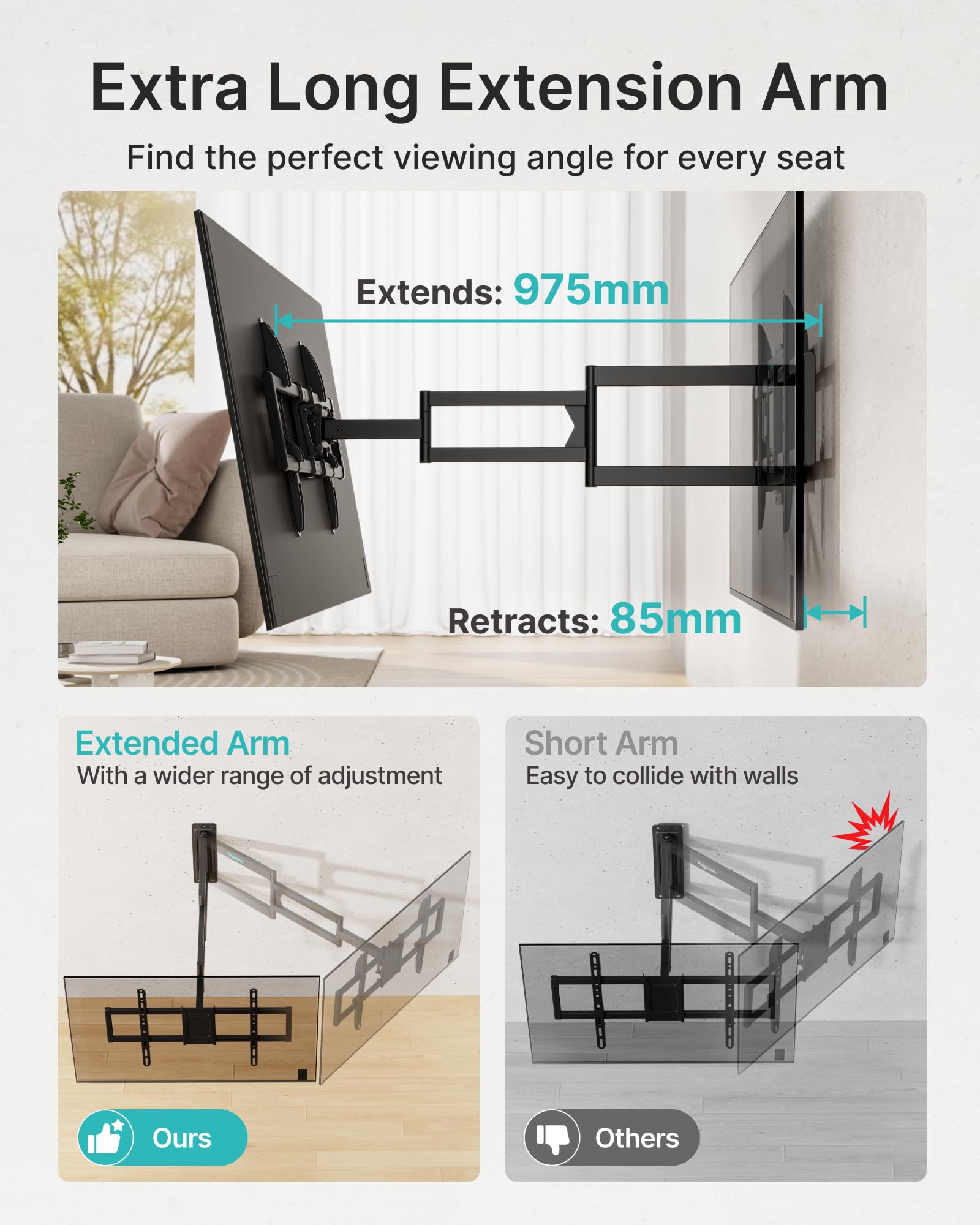 PEGZONE Support TV Mural Bras Long 85-975 mm 37-86", jusqu'à 50 kg | Support mural TV orientable et inclinable, VESA max. 400x400, gestion des câbles, compatible TV LED, LCD et OLED
