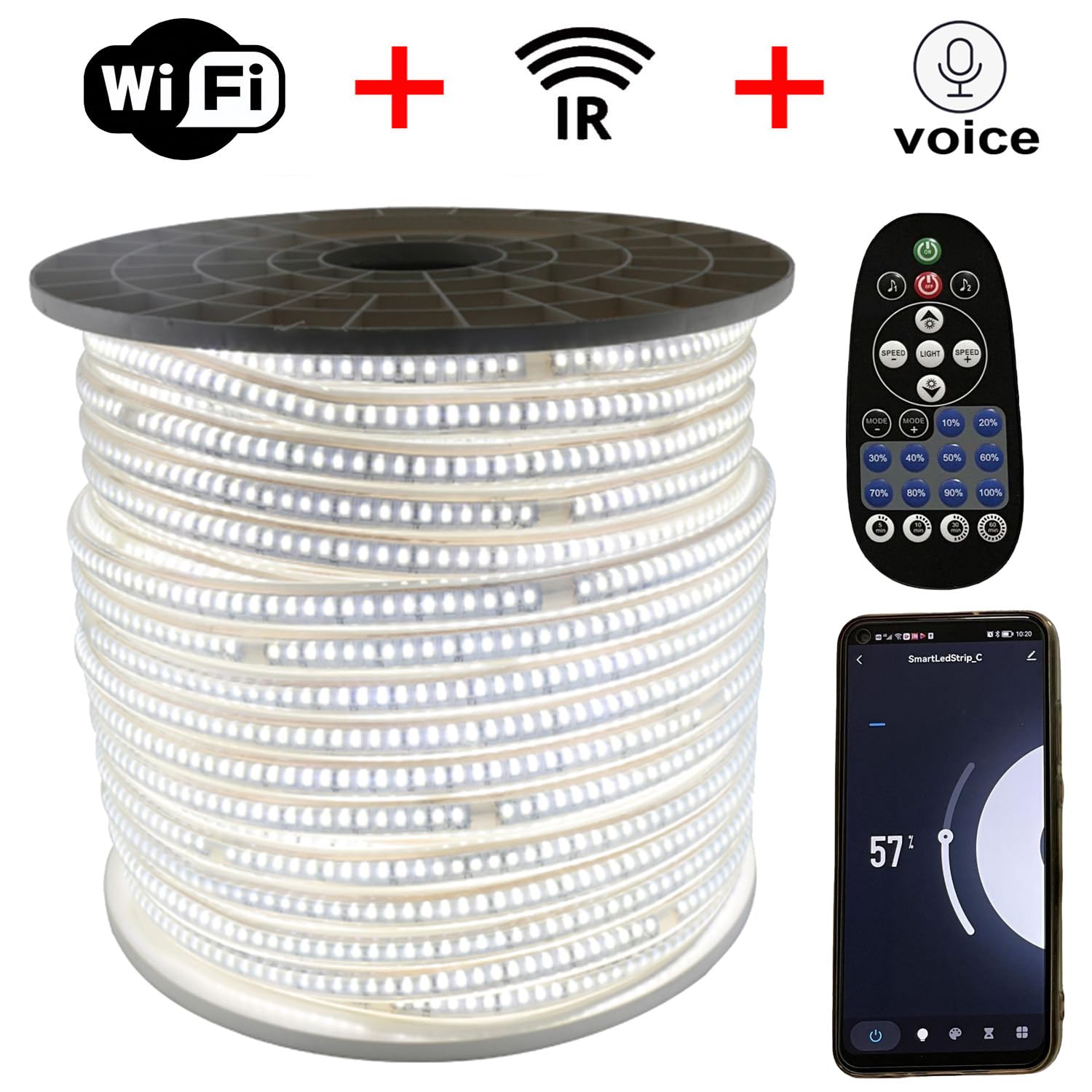 Striscia LED 25 metro Bianco Freddo, controllata tramite WIFI/APP, dimmerabile con trasformatore 220V e telecomando IR, 2835 144 LEDs/m, Timer, Musica, Impermeabile IP65