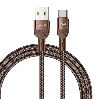 HAMMER 100W 5A USB to Type-C for OnePlus with WARP/VOOC/FLASH support, Super Fast Charging Cable,1.2M Nylon Braided,Tangle free,480Mbps Data Transfer, supports OPPO (Brown)