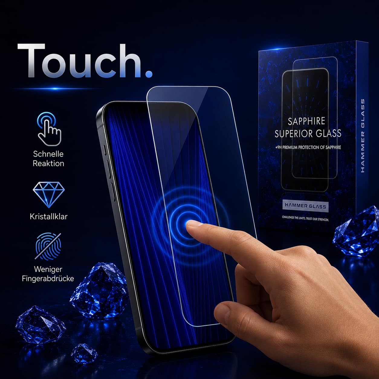 Hammer Glass 100 % cristal de zafiro para iPhone 17 Air panzer protección de cristal, más de 9H dureza 9H + cristal protector de pantalla de zafiro de 6,55 pulgadas, herramienta de instalación fácil