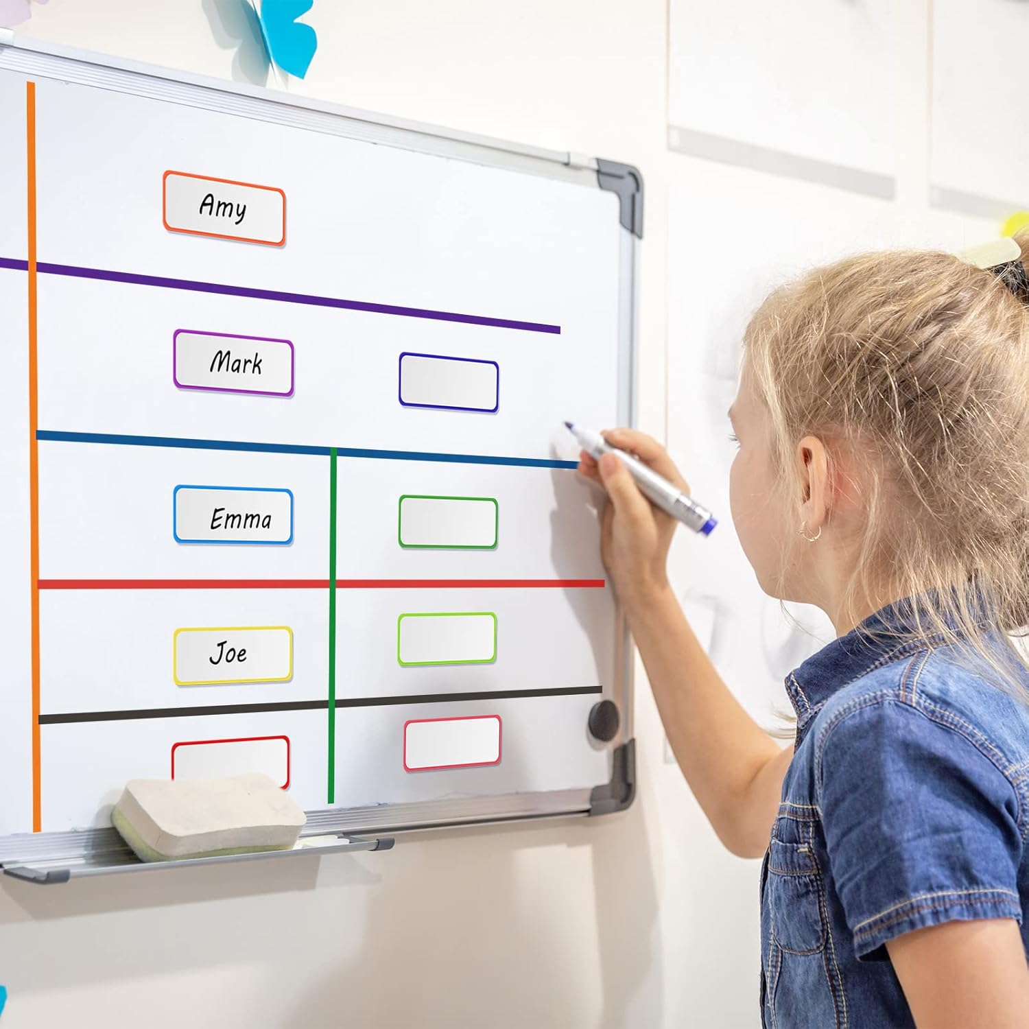 Fainne 12 Roll 1/8 Whiteboard Thin Tape with 54 Magnetic Dry Erase Label Name Plate Tag Magnetic Name Tag Pinstriping Tape for Back to School Office Supply(Multicolor)