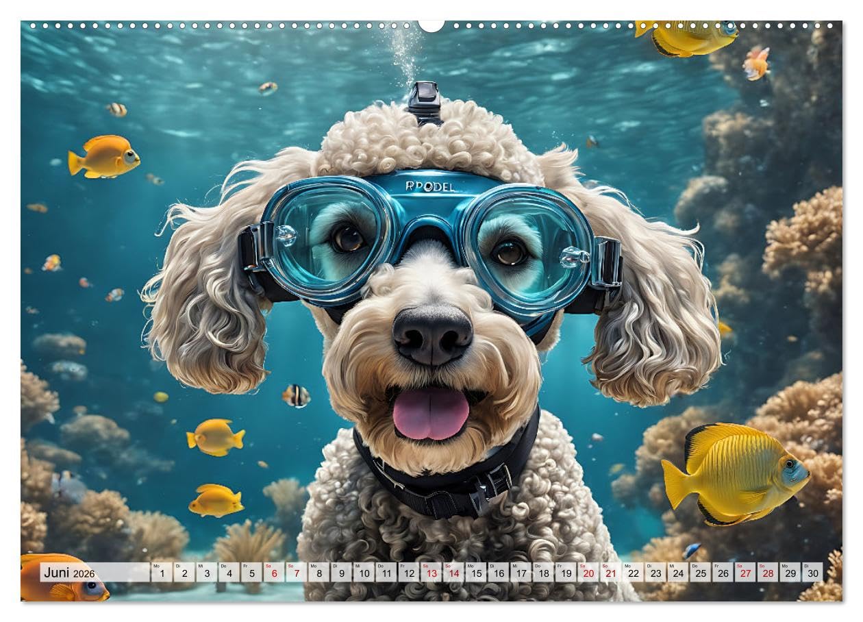 Hunde abgetaucht (Wandkalender 2026 DIN A2 quer), CALVENDO Monatskalender: Amüsante Bilder tauchender Hunde aller Rassen in einer traumhaften Unterwasserwelt (CALVENDO Tiere)