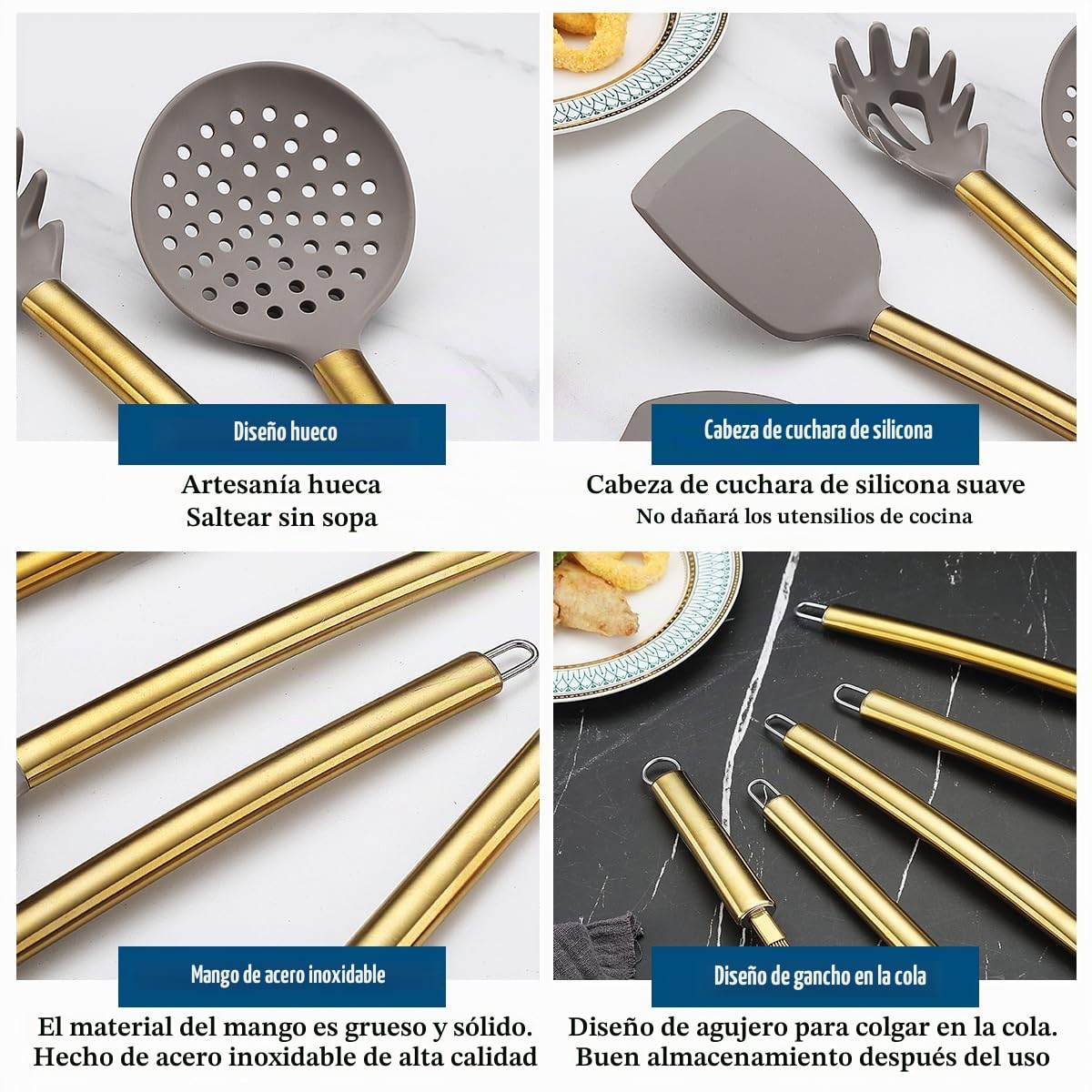 Juego de Utensilios de Cocina Dorados, Kyraton 38 Utensilios de Cocina de Silicona Antiadherente, Juego de Cucharas y Espátulas con Robusto Porta Utensilios de Acero Inoxidable, Apto para Lavavajillas