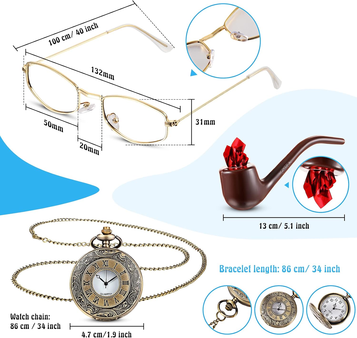 100th Day Old Man Costume 1920s Grandpa Accessories Newsboy Hat Glasses Moustache Eyebrows Pocket Watch(Vintage Style)