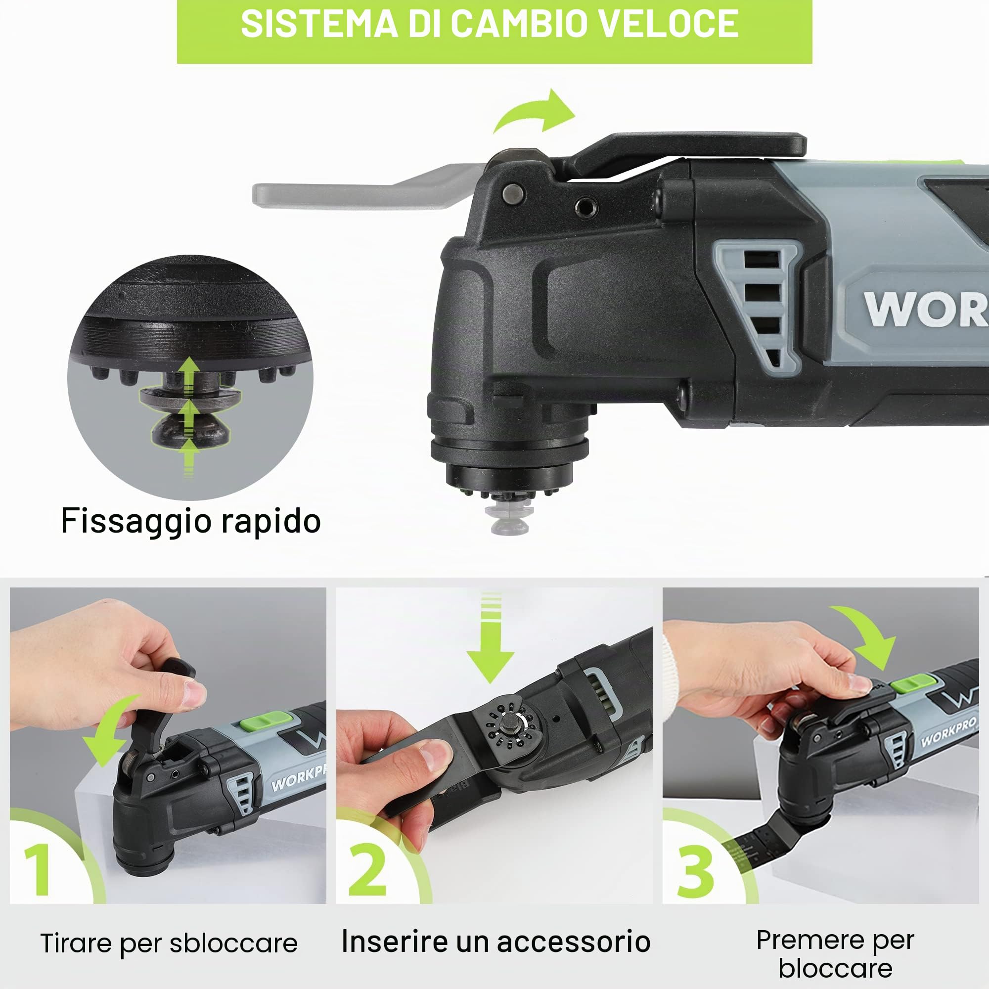 WORKPRO Strumento multifunzione oscillante 300 W, 7 velocità regolabili, con 17 accessori, angolo di oscillazione di 3°, meccanismo di cambio rapido della lama per segare, raschiare, modellare,