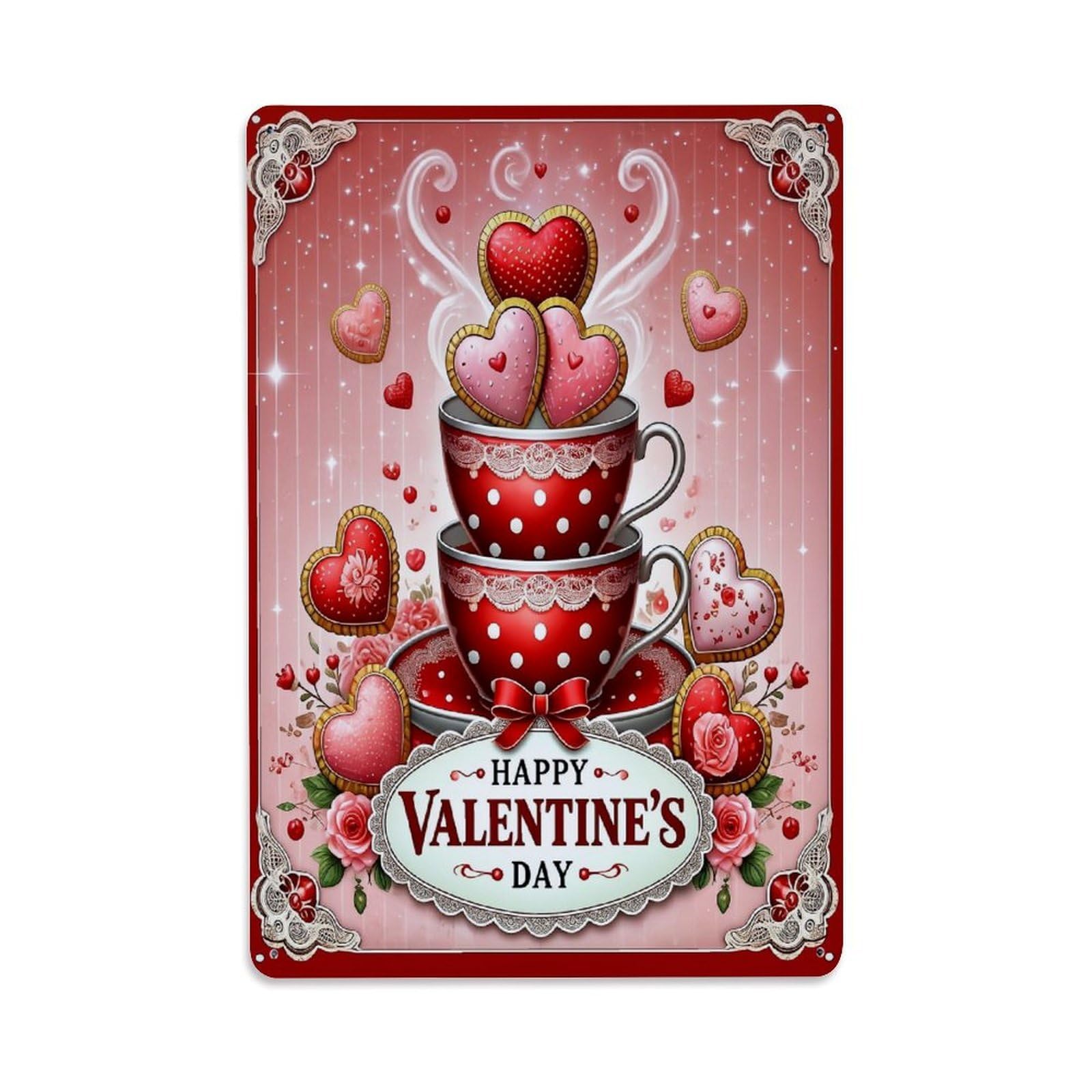 Jdfenggu Vintage Heart Cup Polka Dot Lace Rose Retro Metal Tin Sign, Decor Art Poster For Bar, Home, Man Cave, Kitchen, Laundry Room Gift 8X12inch