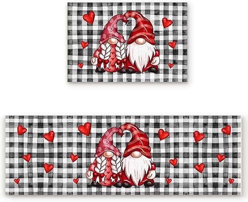 Juego de 2 alfombras de cocina tapetes de cocina para el día de San Valentín antideslizantes lavables antifatiga tapete de acuarela a cuadros para