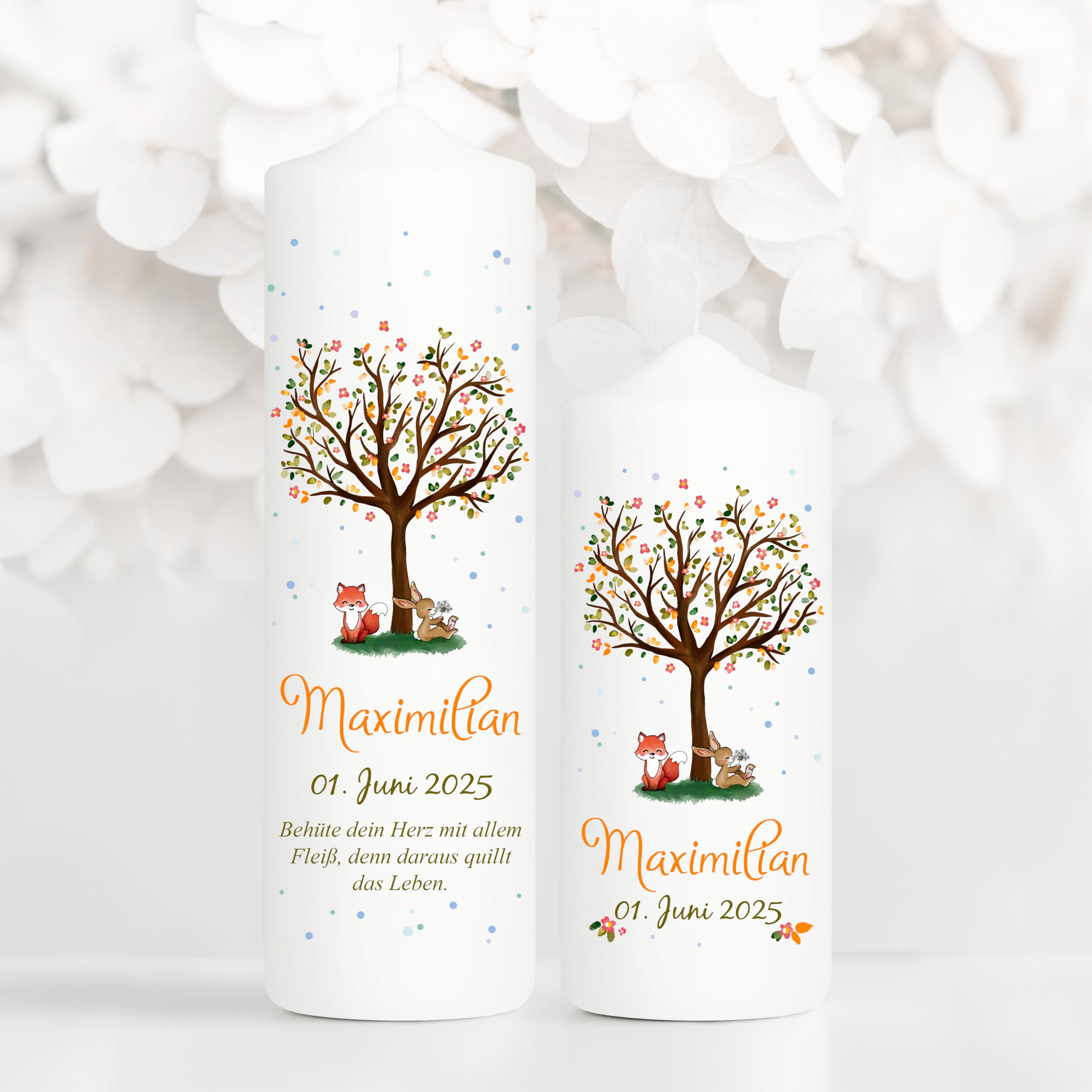 Wandtattoo Loft Taufkerze Junge Motiv Baum mit Hase und Fuchs, 25cm x 7cm, personalisierte Kerze, bedruckte Kerze zur Taufe, Stumpenkerze, individuelles Taufgeschenk