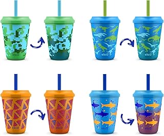 Ello 12oz Kids Plastic Reusable Color Changing Cups with Twist on Splash-Proof Lids and