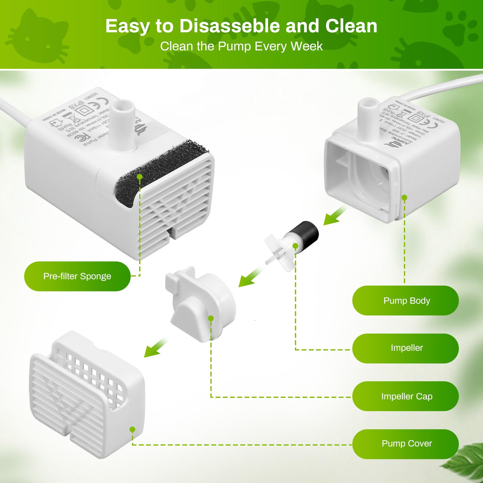 Bomba de fuente de agua para gatos, bomba de repuesto ultra silenciosa JY-830 para fuente de mascotas de acero inoxidable, motor USB de repuesto para dispensador de agua para gatos interiores