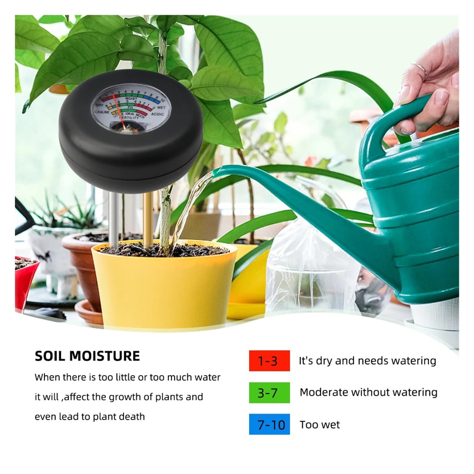Medidor de humedad del suelo Medidor De PH Del Suelo, Detector De Sensor De Humedad Con Modo De Sonda Dual De Metal, Analizador De Fertilidad Del Suelo For Plantas De Jardín, Flores Y Verduras Fiable