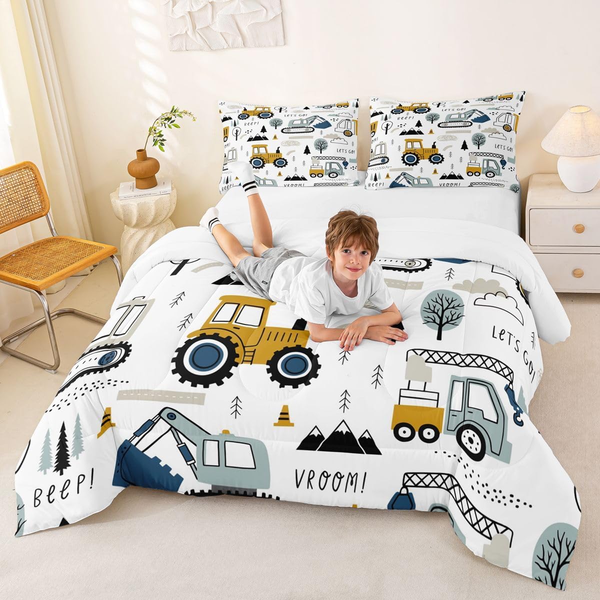Feelyou Cartoon Car Kids Comforter Set Construction Bedding Set for Boys Toddler Decor Equipment Trucks Comforter Cartoon Car Excavator Tractor White Yellow Duvet Set Bedroom Quilt Set 3Pcs Full