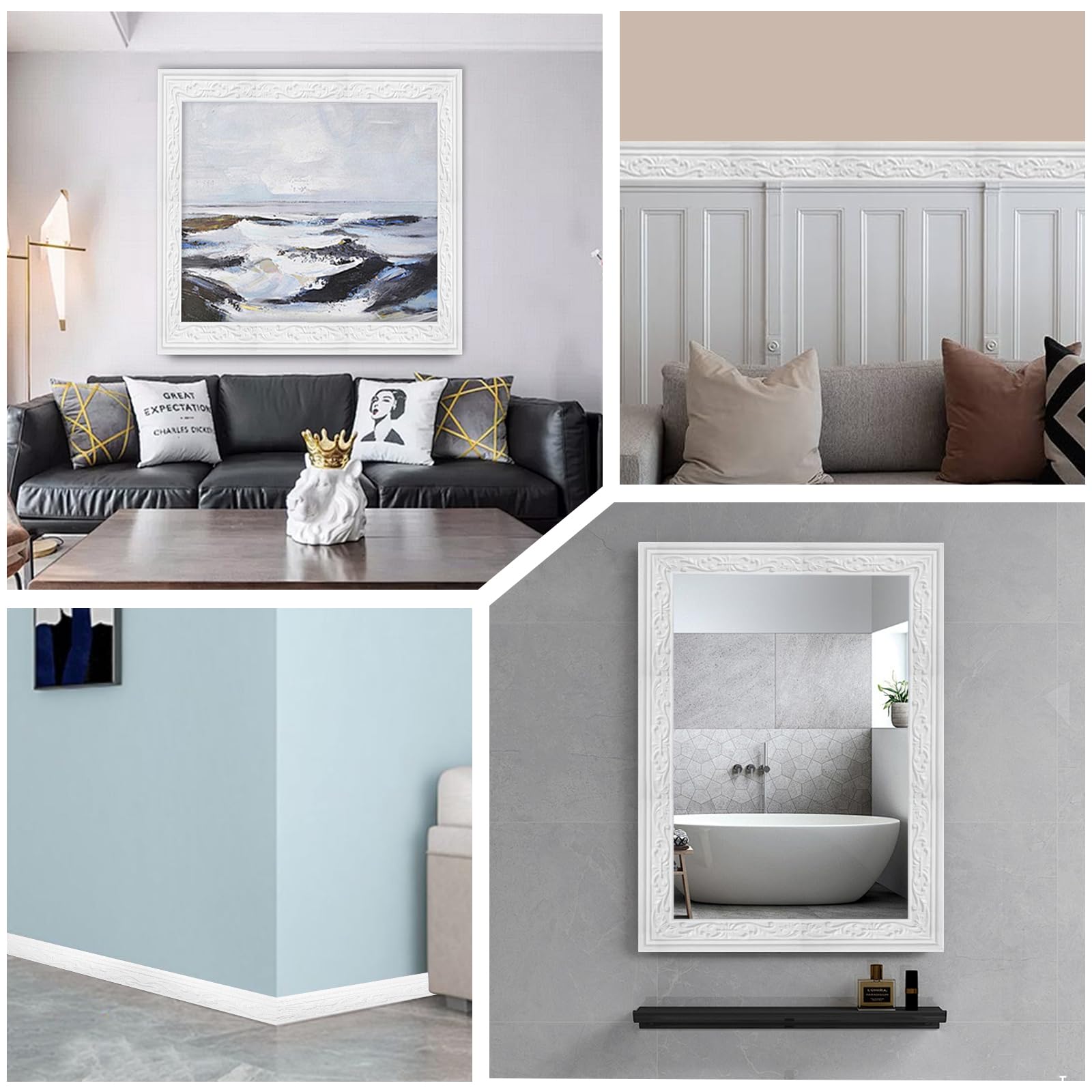 Molduras de estuco para techo autoadhesivas blancas – 8 cm (ancho) x 5 mm (profundidad) x 10 m (largo) – Molduras decorativas 3D autoadhesivas, molduras de estuco para pared, resistente al agua