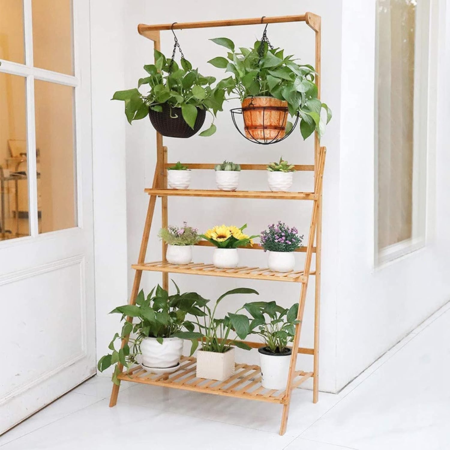 3-poziomowa Drabina Bambusowa Półka Na Rośliny Sadzarka Zewnętrzna Półki Ekspozycyjne Wiszące Składany Stojak Na Doniczki Organizer Wieszak Na Ubrania, Natural, L 70cm(27.5in)