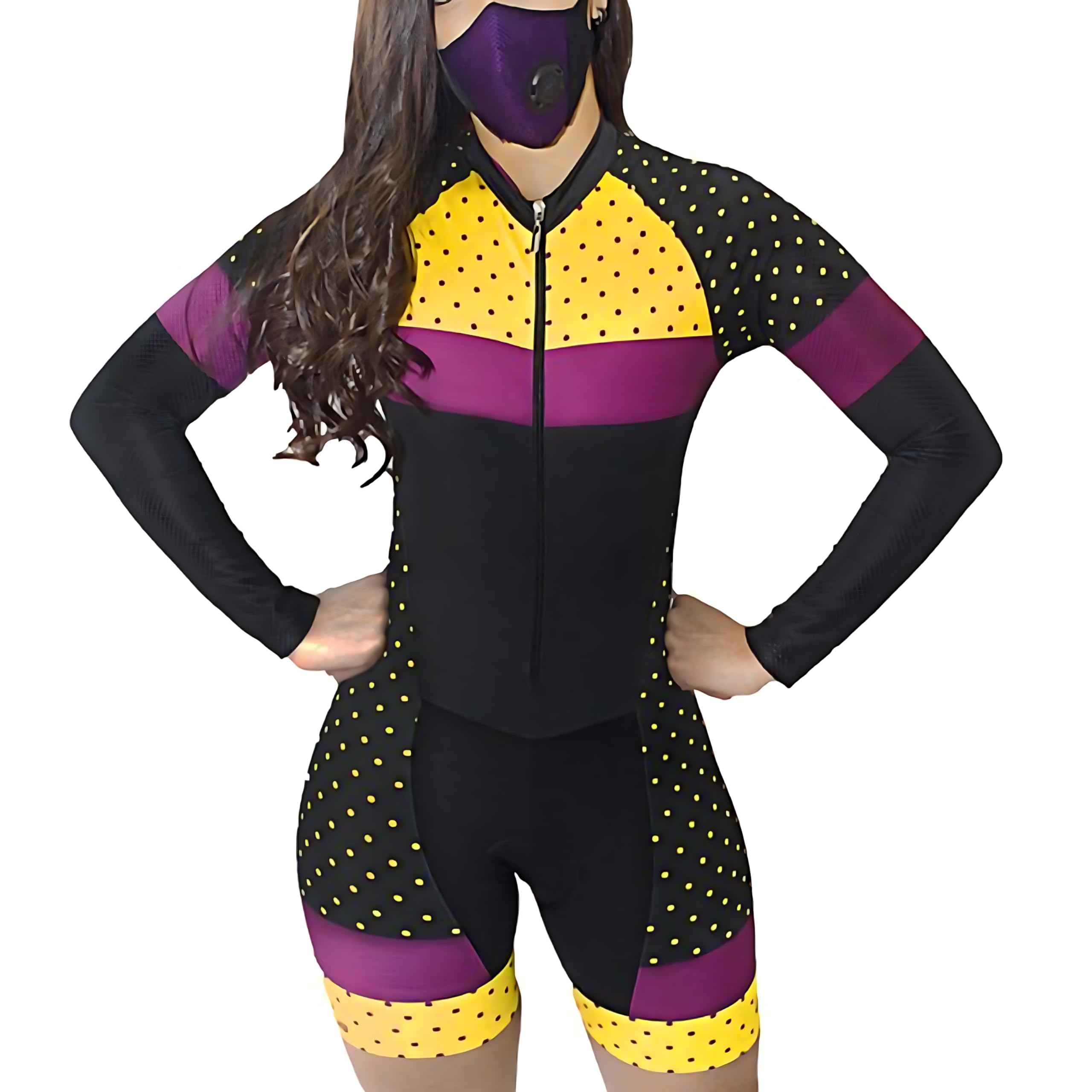 Tuta da triathlon a maniche lunghe da donna, colore giallo, motivo patchwork 3D nero XS-3XL