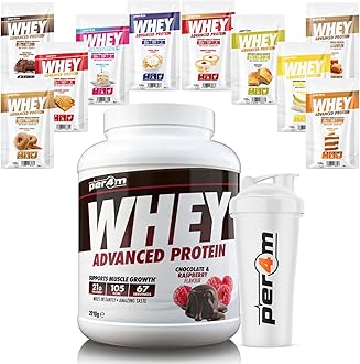Per4m Advanced Whey Protein Powder | 67 Serving Low Sugar Protein Shake with Amino Acids | Perfect for Your Gym Bag and Travel | Shaker & 10 Mixed Selection Sachets (2010g, Chocolate & Raspberry)