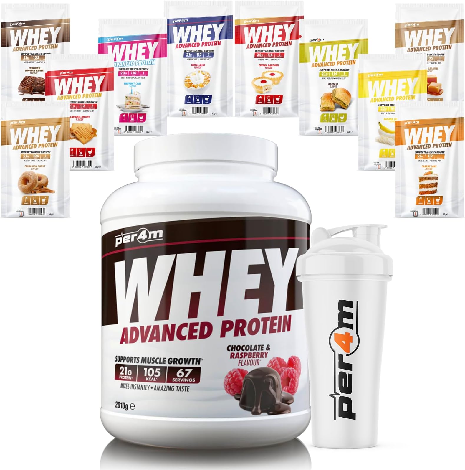 Per4m Advanced Whey Protein Powder | 67 Serving Low Sugar Protein Shake with Amino Acids | Perfect for Your Gym Bag and Travel | Shaker & 10 Mixed Selection Sachets (2010g, Chocolate & Raspberry)