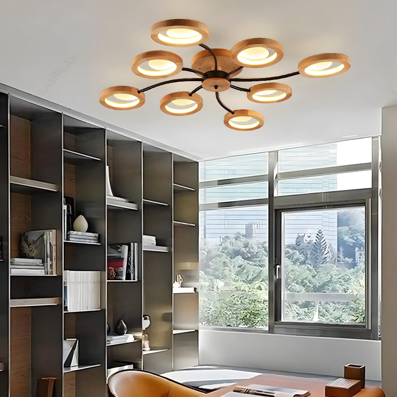 Lampada Da Soffitto Moderna A LED, Lampadario Ø114cm Dimmerabile Con Telecomando 3000K-6000K, Braccio Nero + 8 Anelli In Legno, Paralume In Metallo, Soggiorno Camera Da Letto Sala Da Pranzo