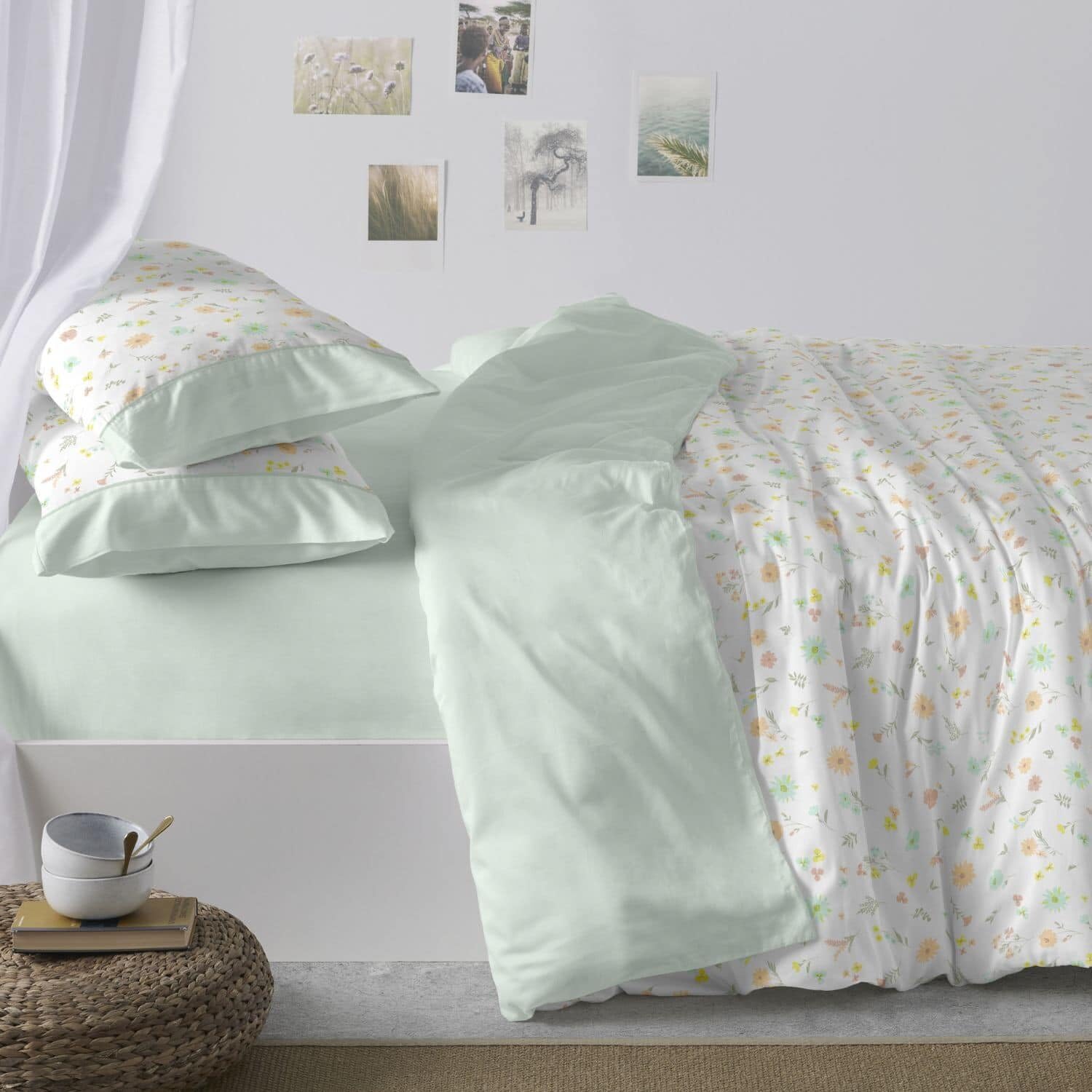 Burrito Blanco | Funda Nórdica Estampada Algodón Mezcla Cama 150-160 Menta | Incluye Bajera y 2 Fundas de Almohada | 50% Algodón 50% Poliéster | 144 Hilos | Tacto Suave | Larga Duración