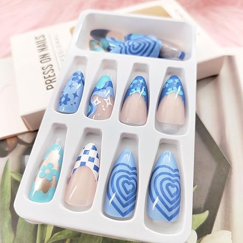 Miniatura 9 de Uñas postizas de almendra, uñas acrílicas de cobertura completa con diseños de mariposas, manicura francesa, color piel, brillante, para mujer