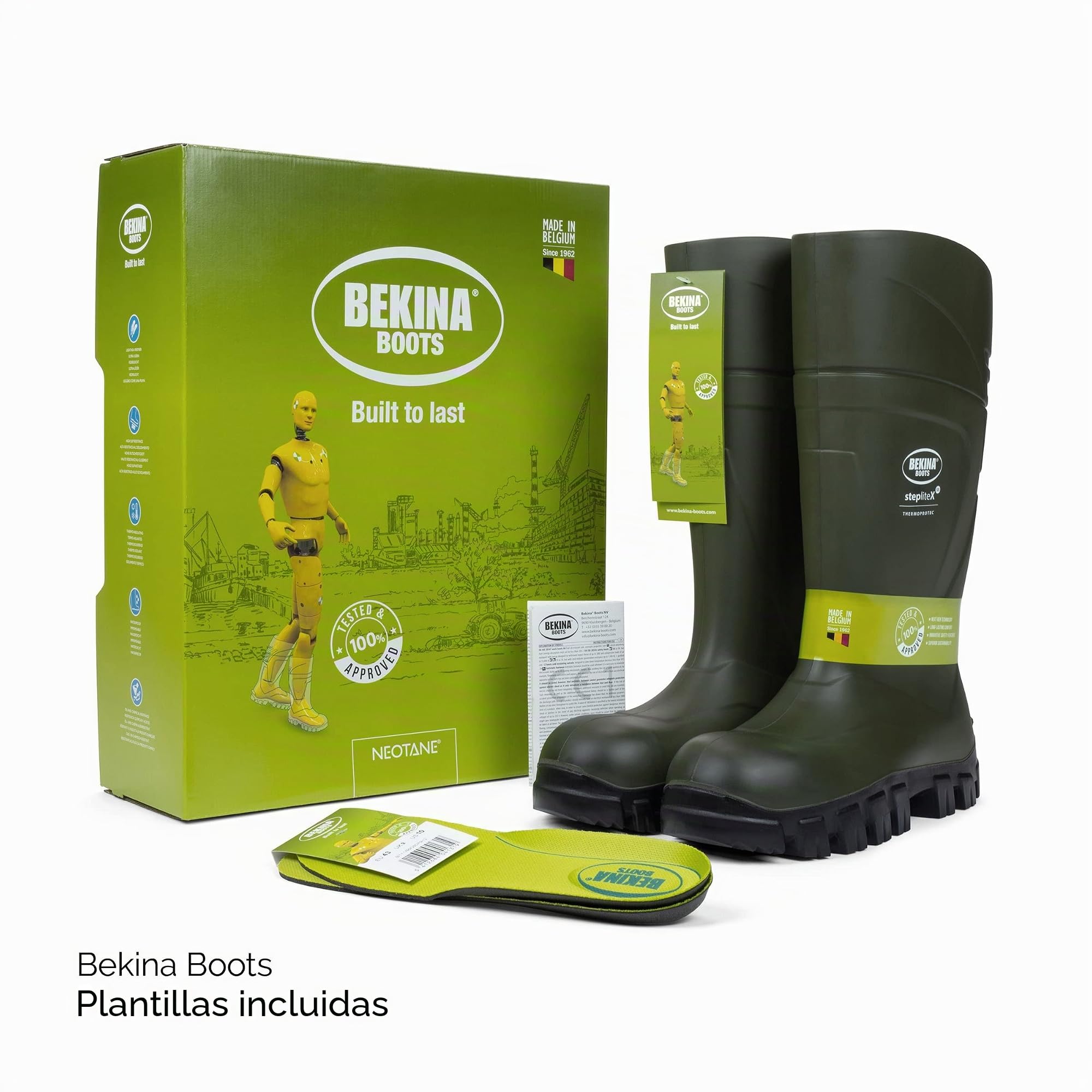 Bekina Bota de Invierno con Puntera y Suela de Seguridad sin Metal, Ligera y Robusta para Pescadores, balleneros y Pescadores, Resistente al frío hasta -40 Grados, Suela Antideslizante, Verde, EU 44