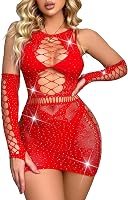 Famstar Sexy Rhinestone Fishnet Lingerie Set for Women - Naughty Sparkle Teddy Erotic Mesh Rave Outfit, Plus Size