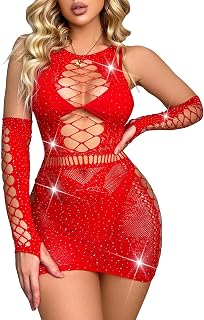 Famstar Sexy Rhinestone Fishnet Lingerie Set for Women - Naughty Sparkle Teddy Erotic Mesh Rave Outfit, Plus Size