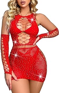 Sexy Lingerie For Women Naughty Rhinestone Sparkle Fishnet Lingerie Set Teddy Erotic Mesh Rave Outfit
