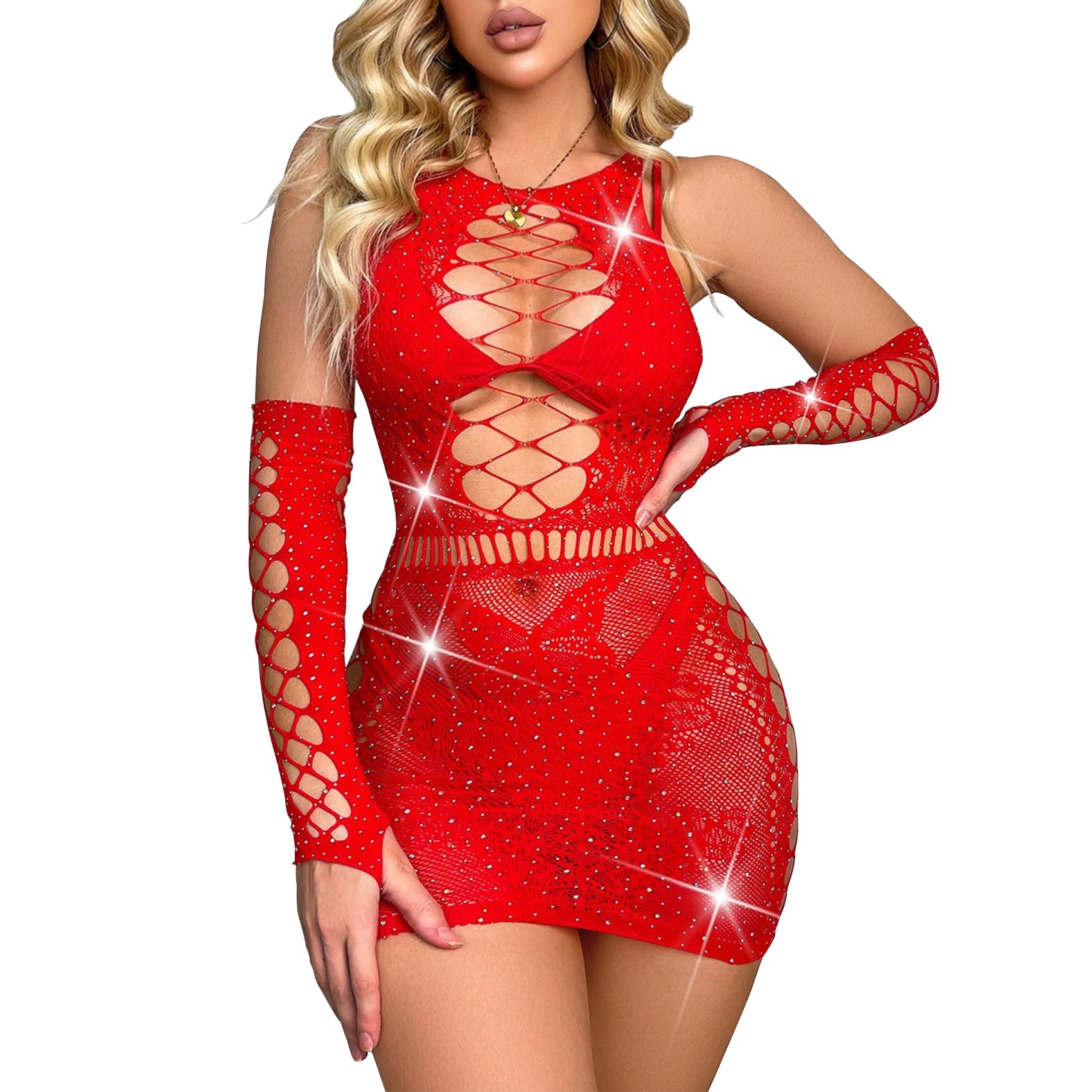 FamstarSexy Lingerie For Women Naughty Rhinestone Sparkle Fishnet Lingerie Set Teddy Erotic Mesh Rave Outfit