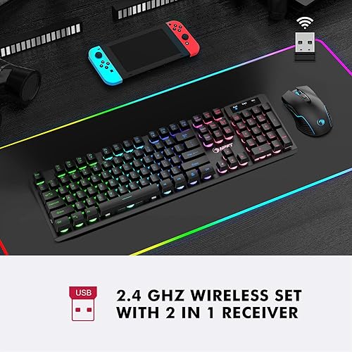 Miniatura 9 de NPET Combo de teclado y mouse inalámbricos para juegos S21, retroiluminación RGB, teclado ergonómico silencioso de sensación mecánica, mouse para