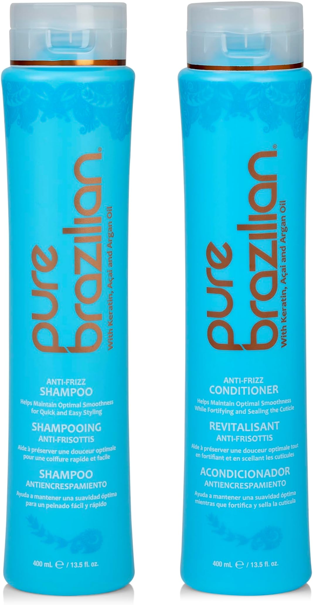 Pure Brazilian Anti-Frizz Daily Shampoo & Conditioner, Salt-Free & Color Safe, Enriched with Keratin, Argan Oil & Acai, 13.5 Ounce (400 Milliliter)