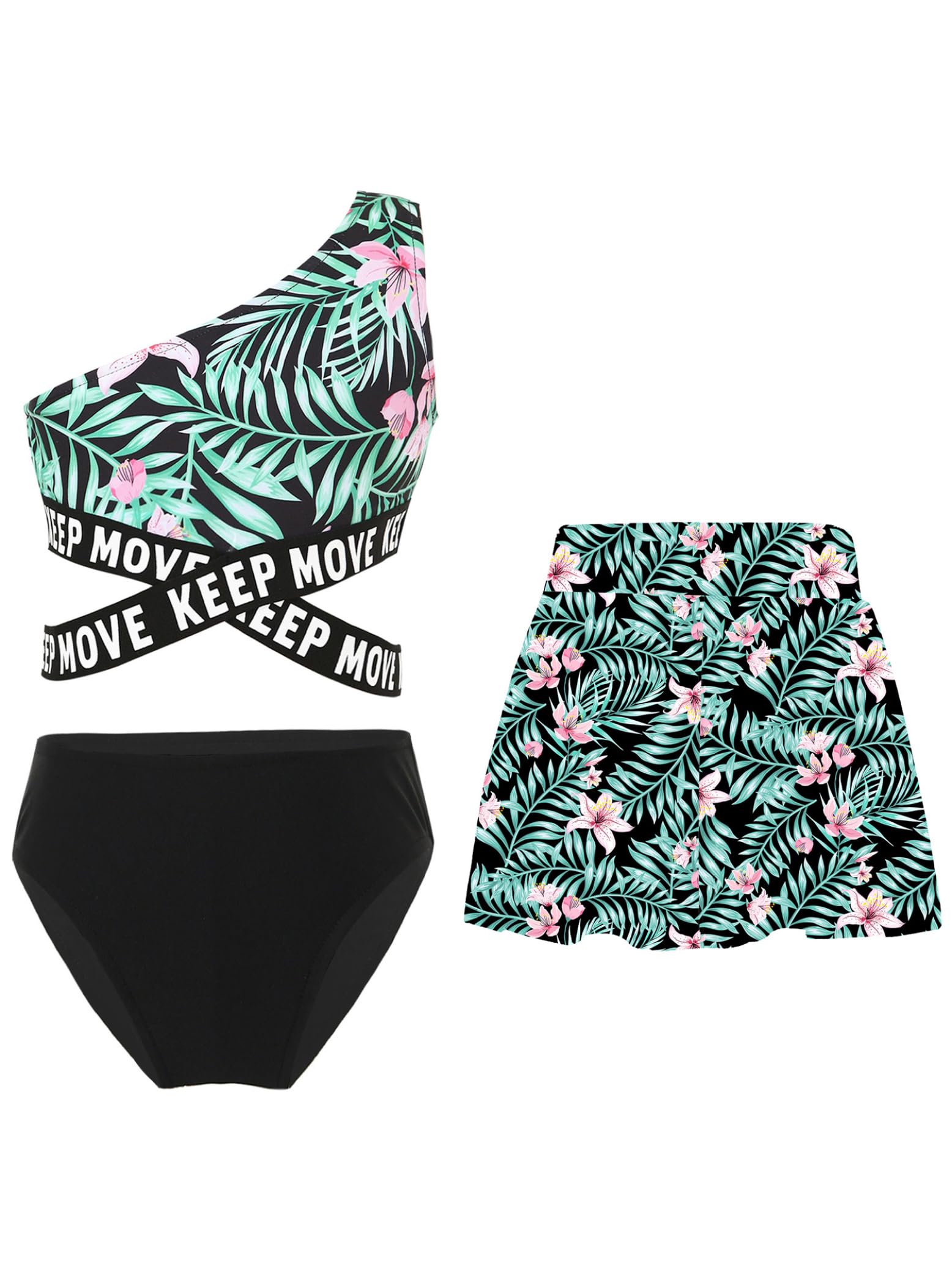 Eandarui Kids Girls 3Pcs Single Shoulder Criss Cross Crop Top Swimsuit with Brief and Beach Skirt Bathing Suit Black 10 Years