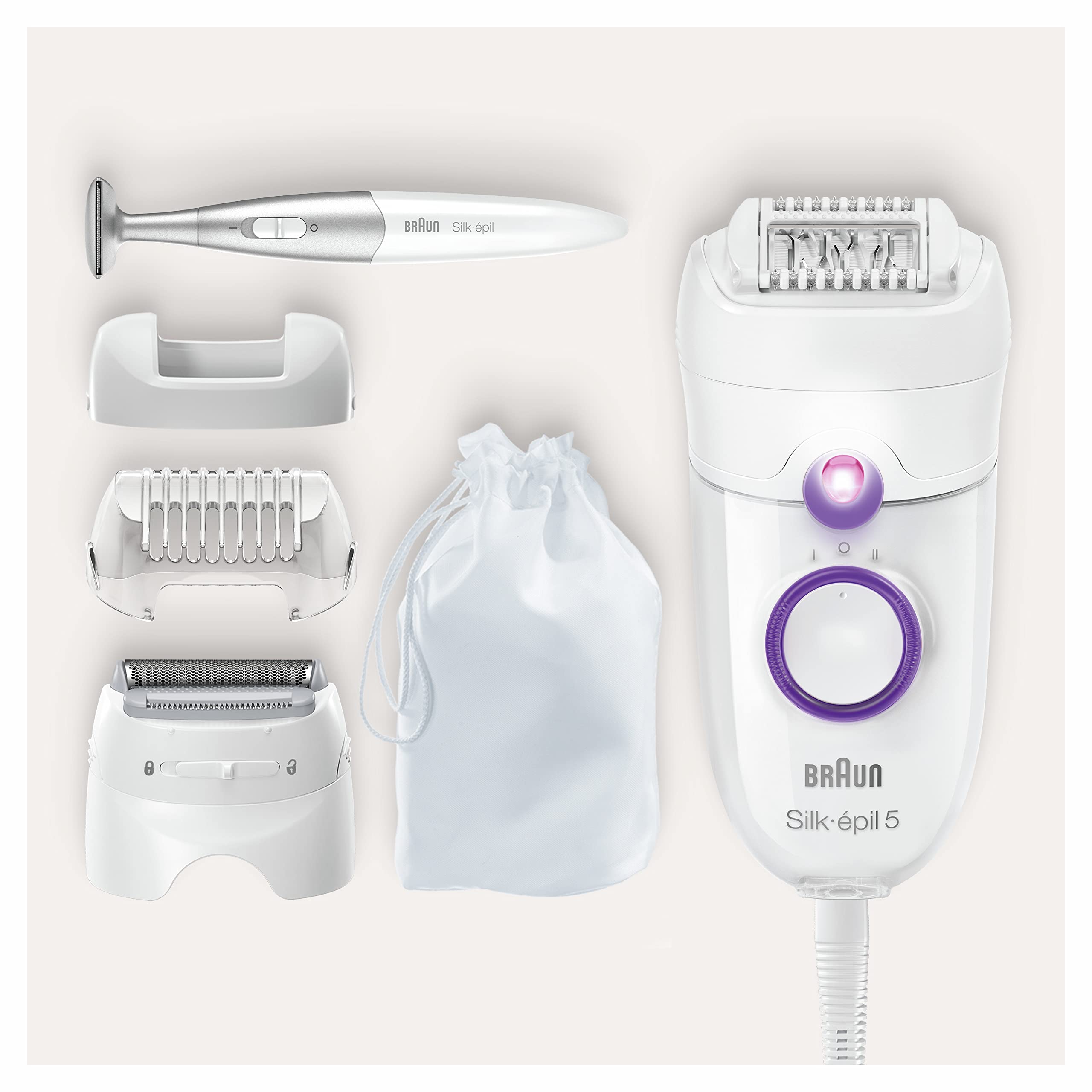 Braun Silk-épil 5-825 Power Depilatore Donna, Epilatore Elettrico Donna Per I Primi Utilizzi, Testina Radente, Cappuccio Regolatore E Bikini Styler, Bianco/Viola