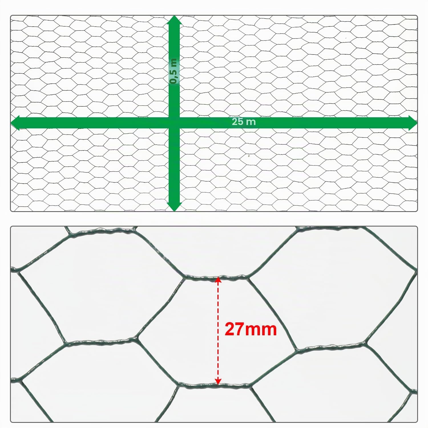 Eulenke Grillage hexagonal galvanisé pour lapin, grillage métallique, grillage hexagonal, largeur des mailles 27 mm, hauteur 50 cm, longueur 25 m, vert