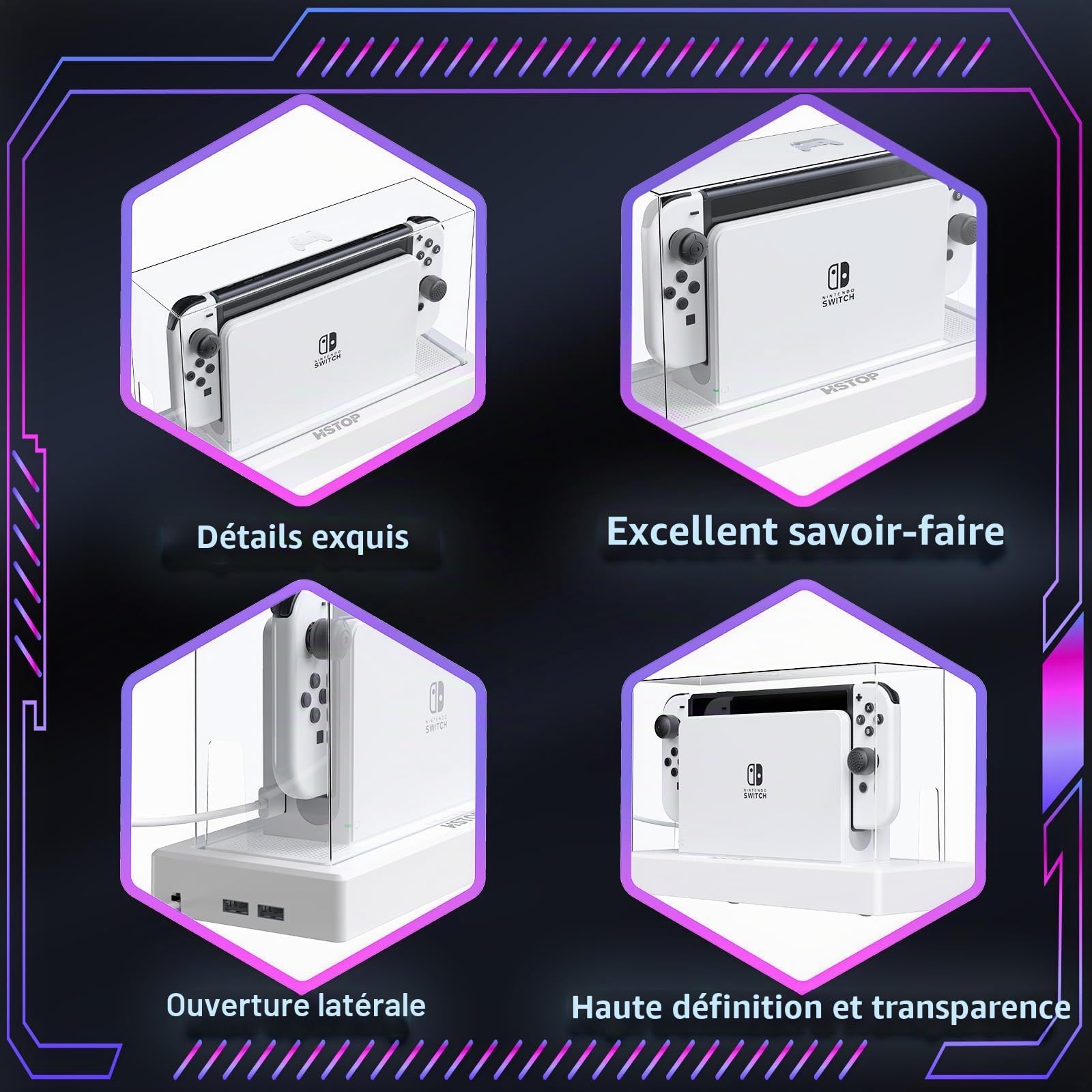 Anti Poussière Housse de Protection pour Nintendo Switch/Switch OLED,Coque Étui Dock de Protection Rayures Étanche pour Accessoire Switch/Switch OLED avec 16 Couleurs LED Lumière-Transparent