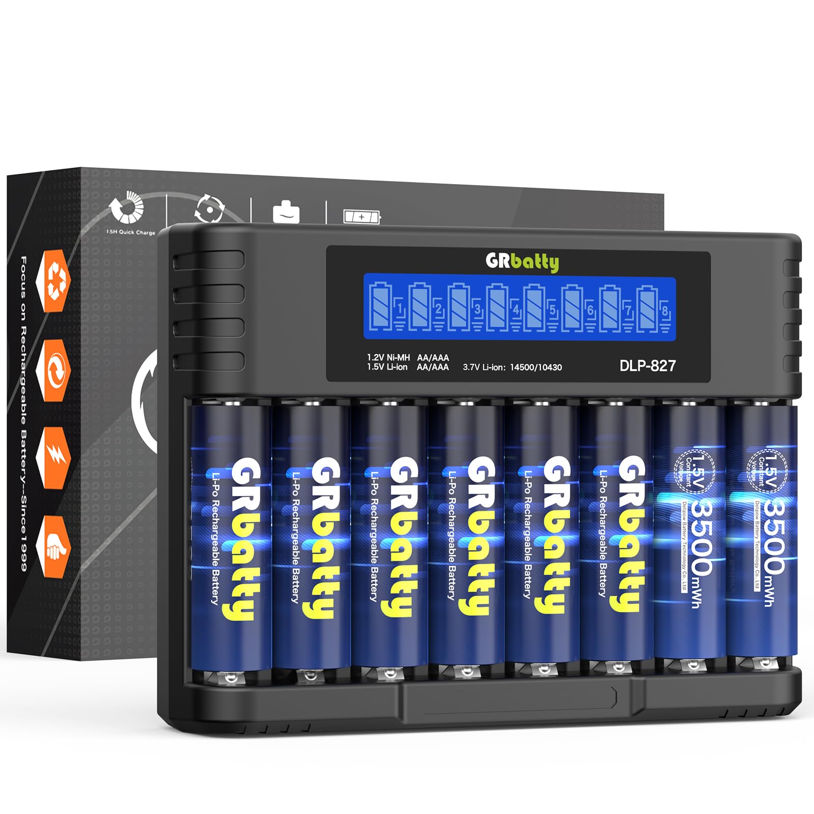 GRbatty Batterie Ricaricabili AA Litio 1,5V 3500mWh Ad Alta Capacità,Confezione da 8 con 1500 Tech Pile Ricaricabili AA con LCD Caricabatterie