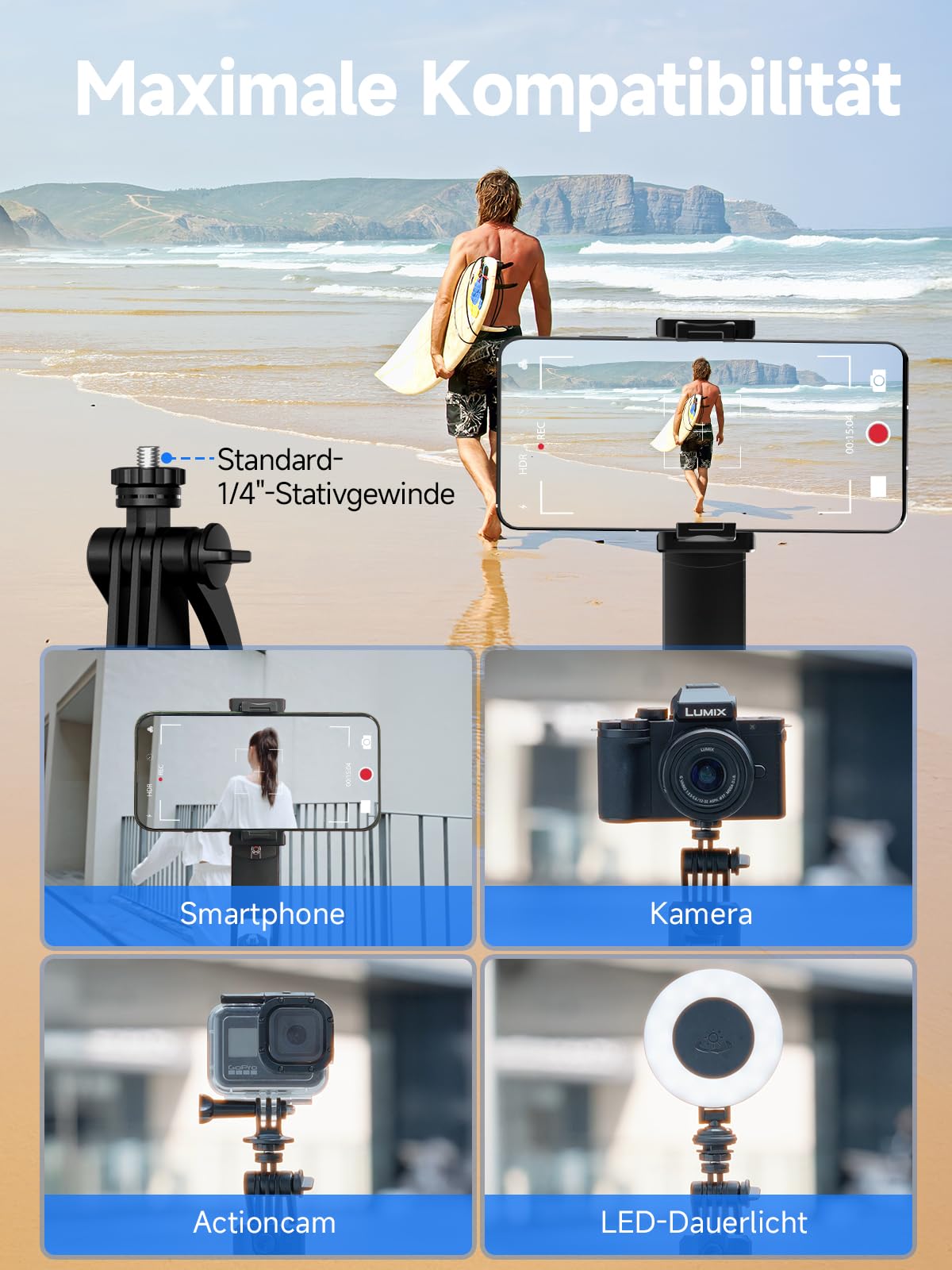 Rollei Easy Creator Quadpod Handy Stativ mit Automatische Verfolgung | Handystativ Selfie Stick mit Bewegungsverfolgung zum Filmen für Tiktok Live Streaming Vlog, Handy-Stative-Smartphone-Tripod
