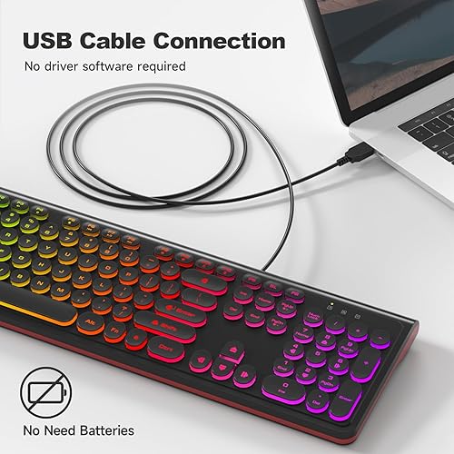 Miniatura 3 de Teclado USB con cable con retroiluminación de 7 colores, teclado de tamaño completo con teclas retro, teclado numérico y tecla de acceso rápido